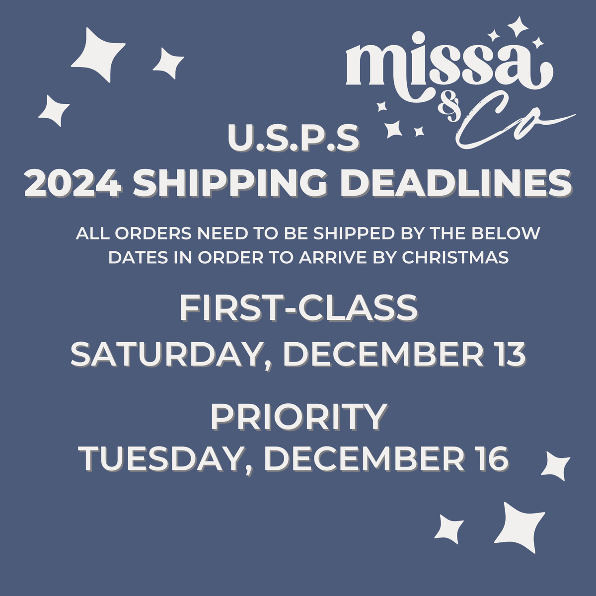 2025 shipping deadlines for USPS with Missa & Co branding on a blue background
