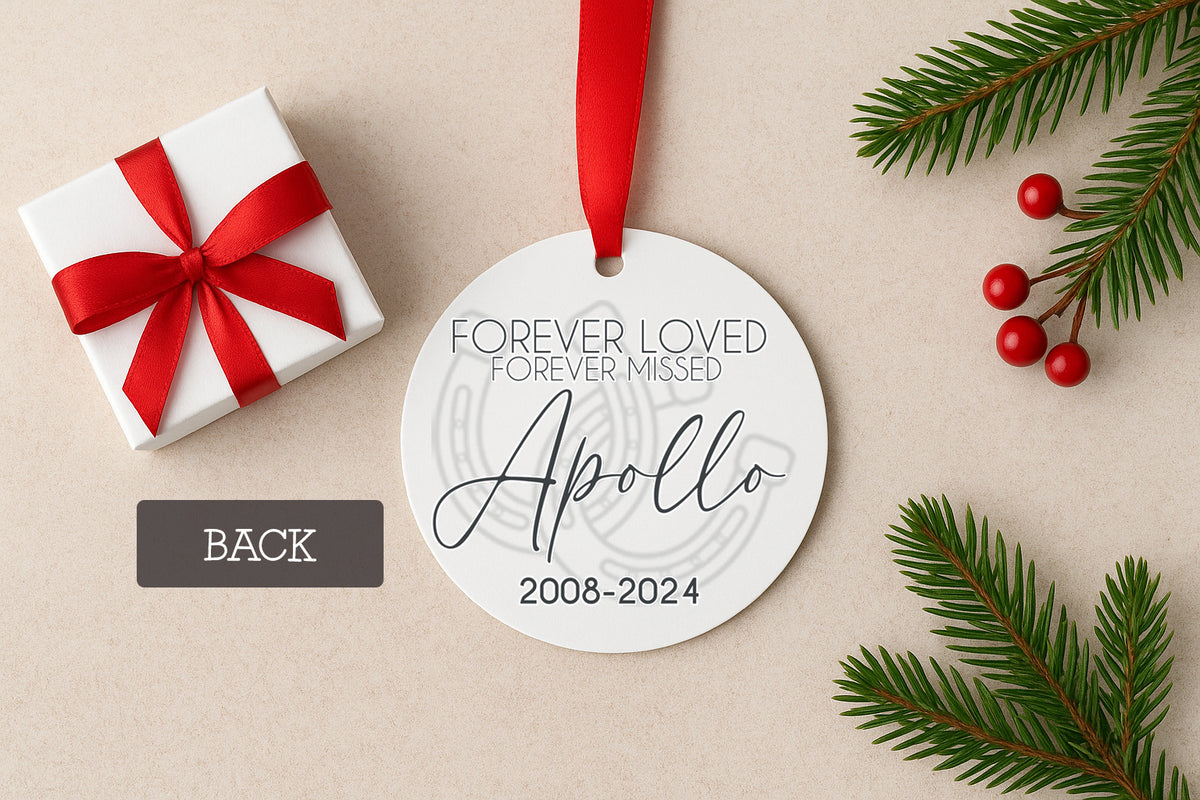 Double-sided horse remembrance ornament with photo and personalized text